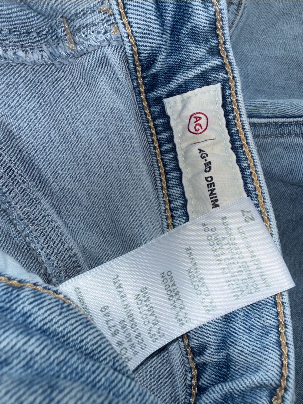 Ag Adriano Goldschmied Light Blue Denim Jeans with Tan Leather Patch